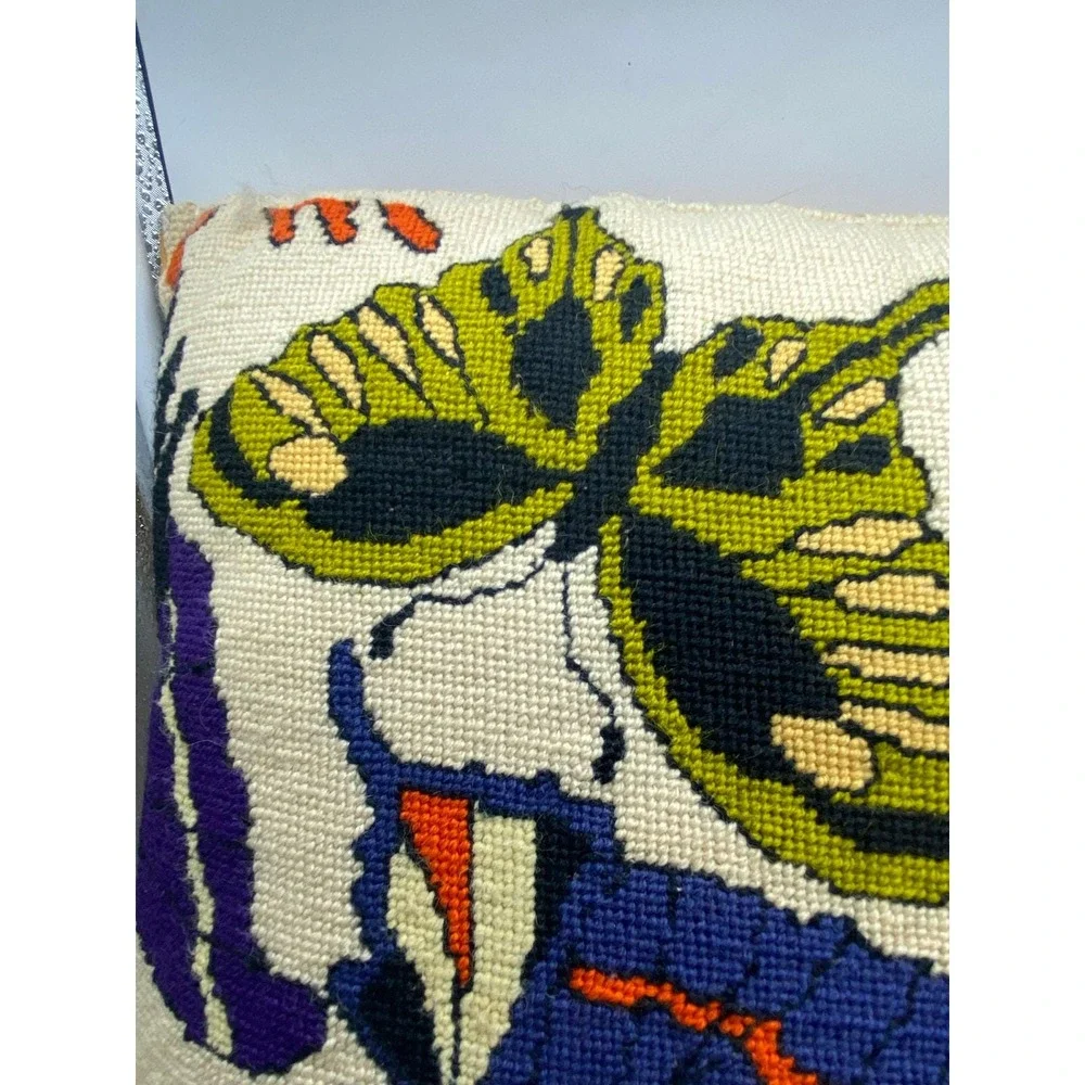 VTG Embroidered colorful Butterfly Throw‎ Pillow Corduroy Back Handmade READ